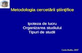 Corin Badiu, 2007 Metodologia cercetării ştiinţifice Metodologia cercetării ştiinţifice Ipoteza de lucru Organizarea studiului Tipuri de studii.